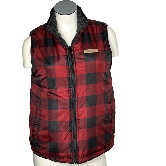 BUFFALO David Bitton Reversible Red Buffalo Plaid Fleece Vest Youth Size L 14/16 - Picture 2 of 16